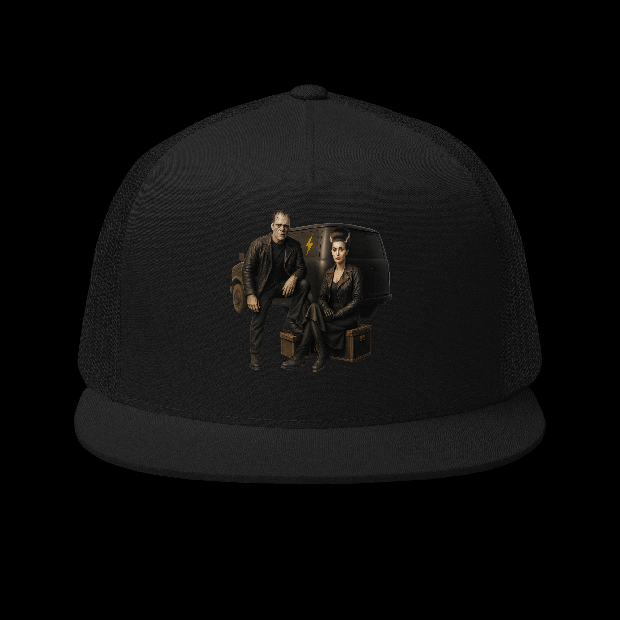 Frankenstein’s Monster & His Bride – Vintage Horror Trucker Hat | Black Snapback Cap