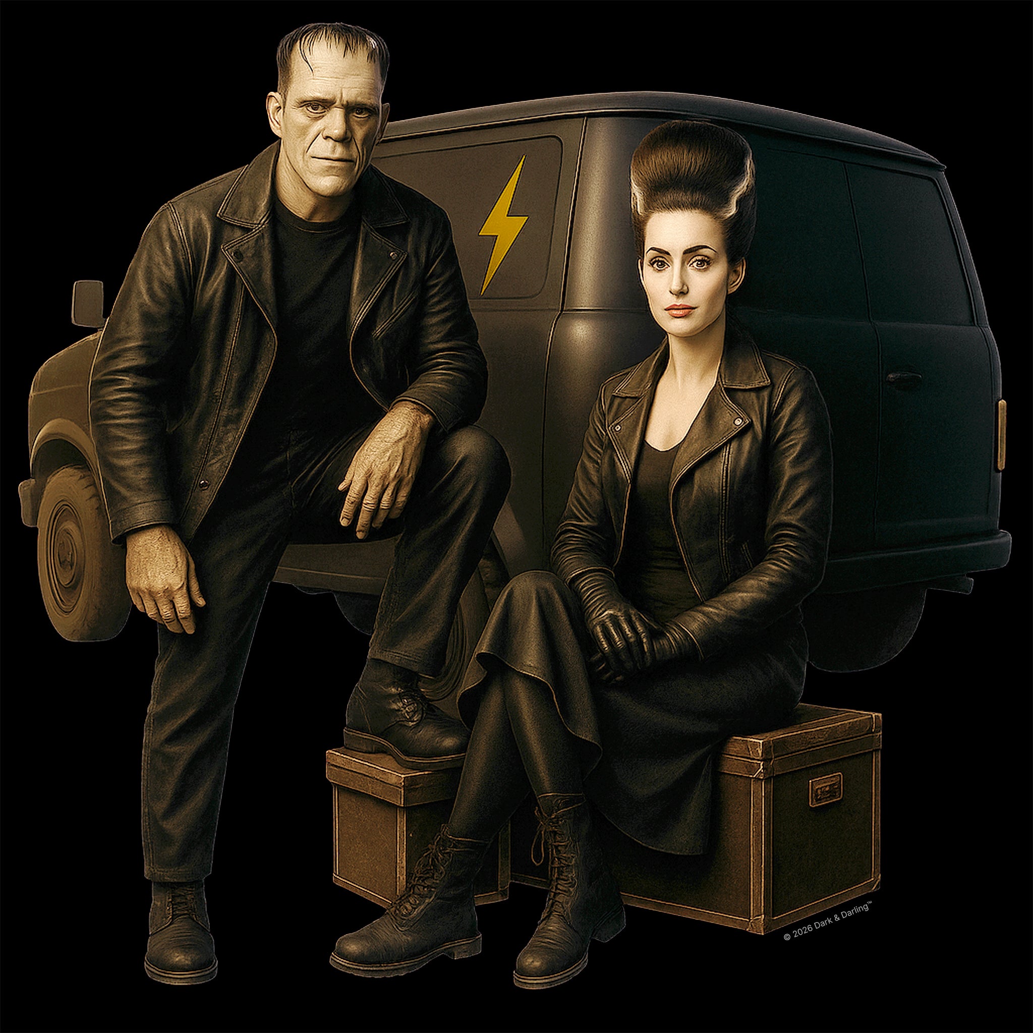 The Creature and his Bride, Unisex Premium Vintage Graphic Van T-Shirt in Black